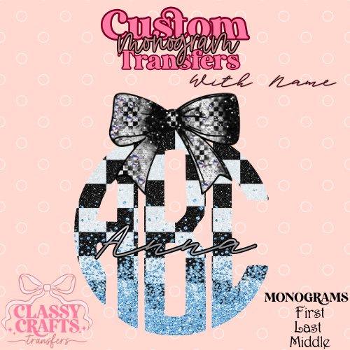 White & Blue Checkered Racing - Custom Monogram Transfer