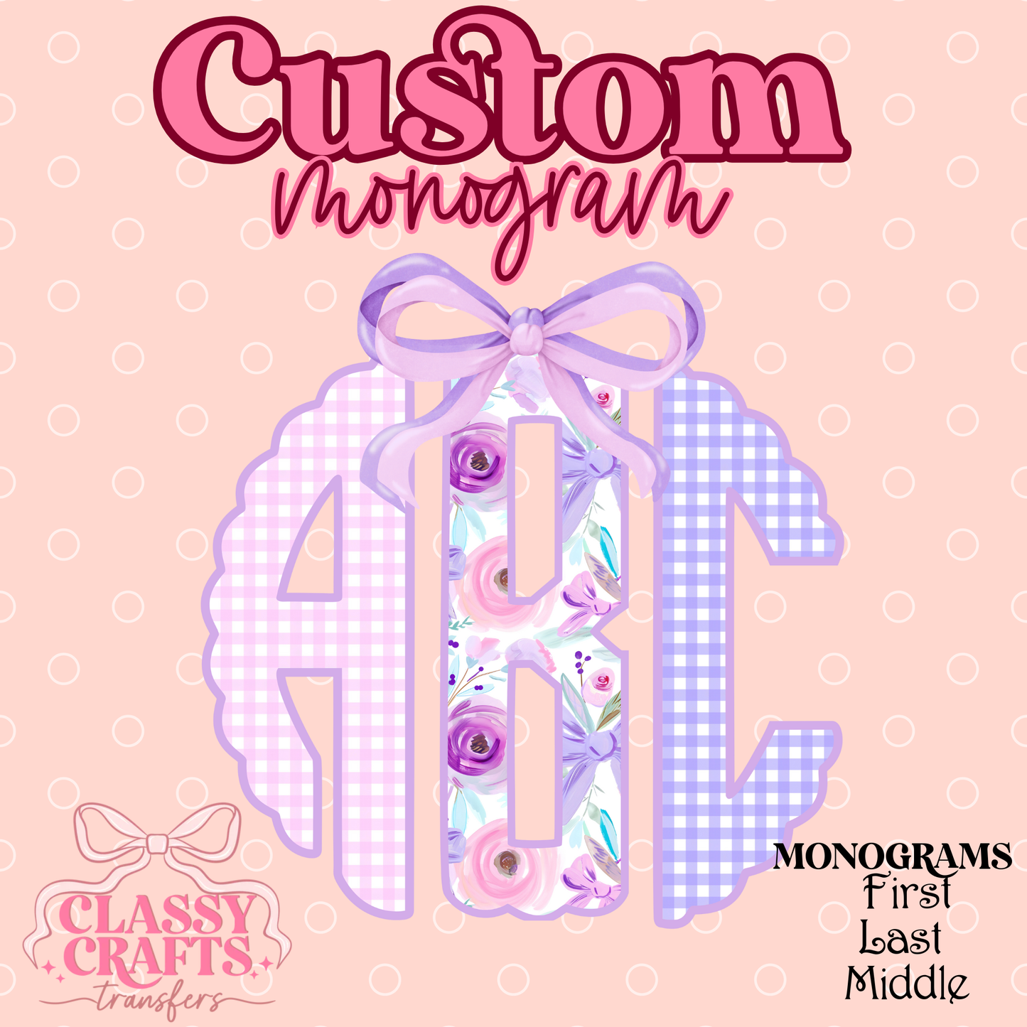 Purple & Pink Floral Coquette Bow - Custom Monogram Transfer