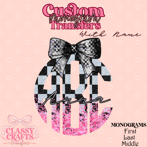 White & Pink Checkered Racing - Custom Monogram Transfer