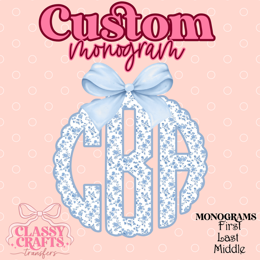 Blue Florals Coquette Bow - Custom Monogram Transfer