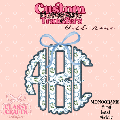 Preppy Blue & Green Floral - Custom Monogram Transfer