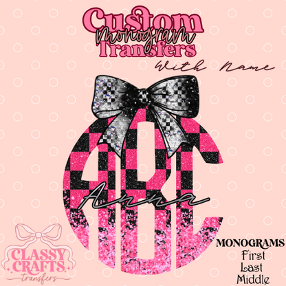Pink & Black Checkered Racing - Custom Monogram Transfer