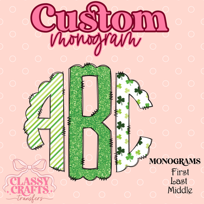 St. Patrick's Day Stripe Green Clover - Custom Monogram Transfer