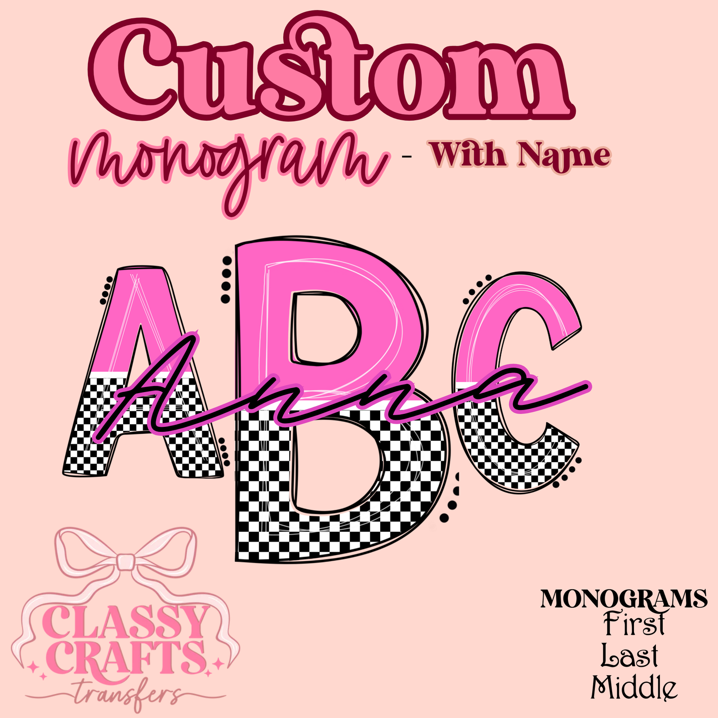 Pink & Black Checkered - Custom Monogram Transfer