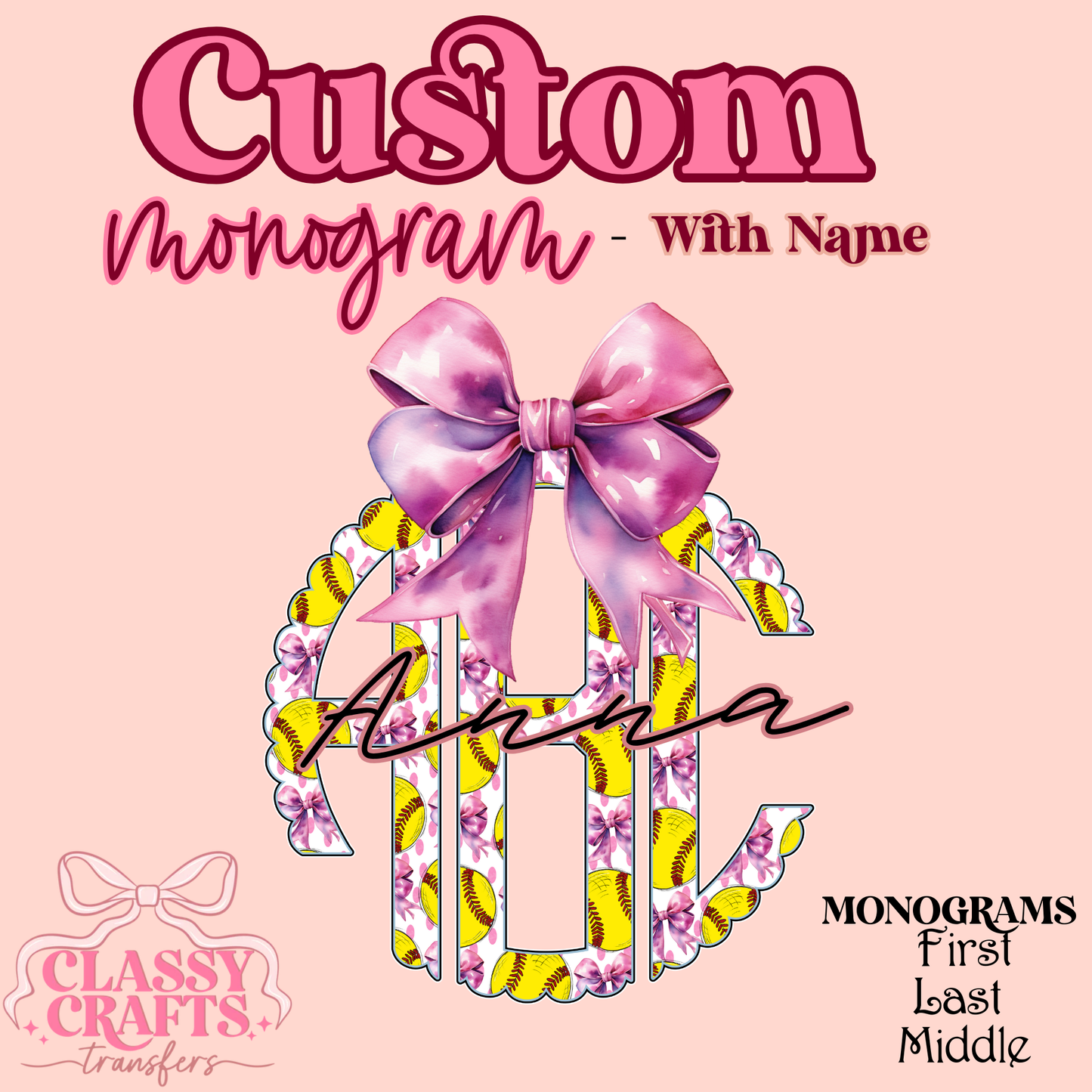 Softball Bow Scalloped- Custom Monogram Transfer