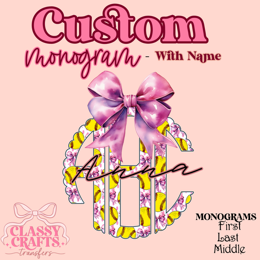 Softball Bow Scalloped- Custom Monogram Transfer