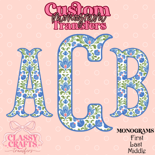 Green & Blue Folk Floral - Custom Monogram Transfer