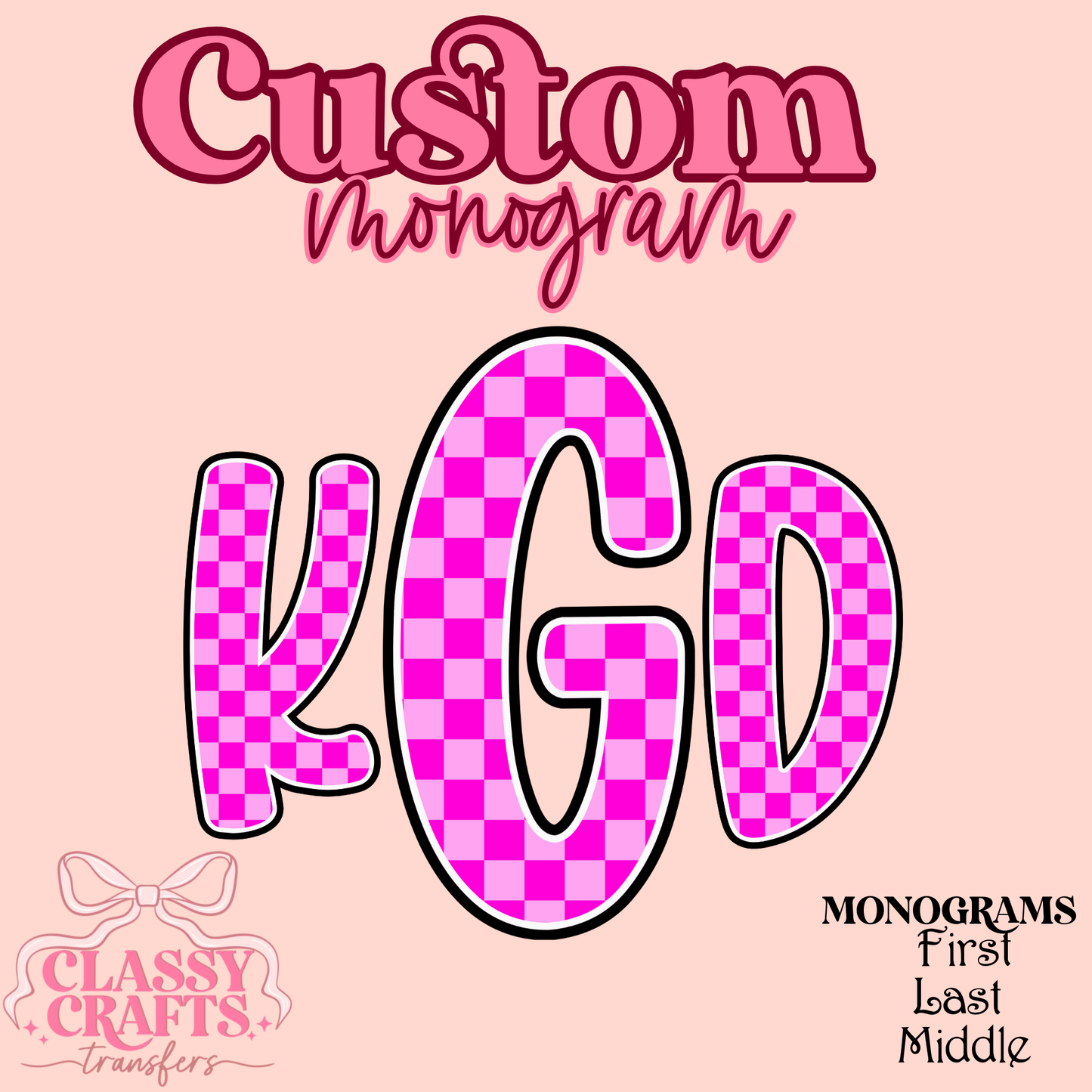 Neon Pink Checkered- Custom Monogram Transfer