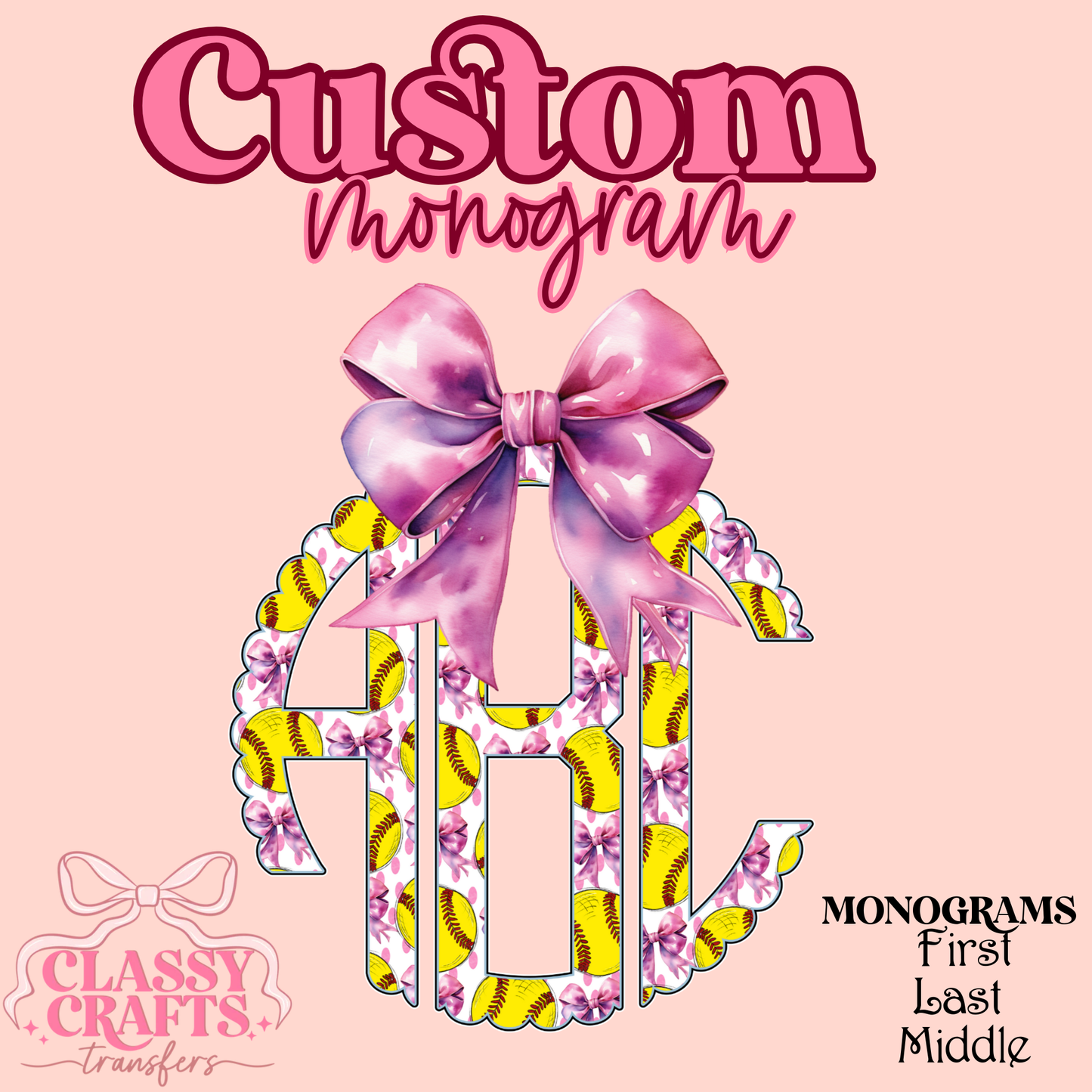 Softball Bow Scalloped- Custom Monogram Transfer