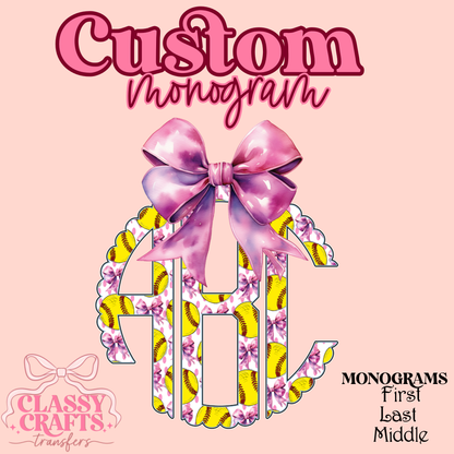 Softball Bow Scalloped- Custom Monogram Transfer