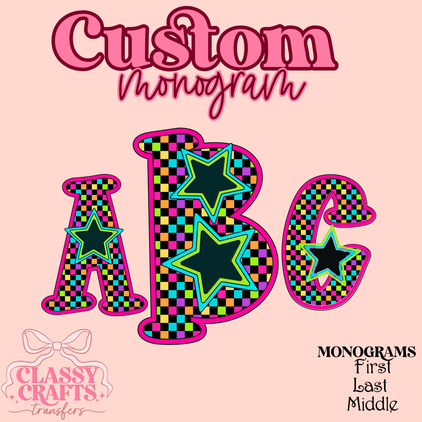 Neon Retro Checkerboard Star  - Custom Monogram Transfer