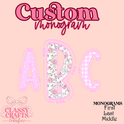 Pink Cottage Floral- Custom Monogram Transfer