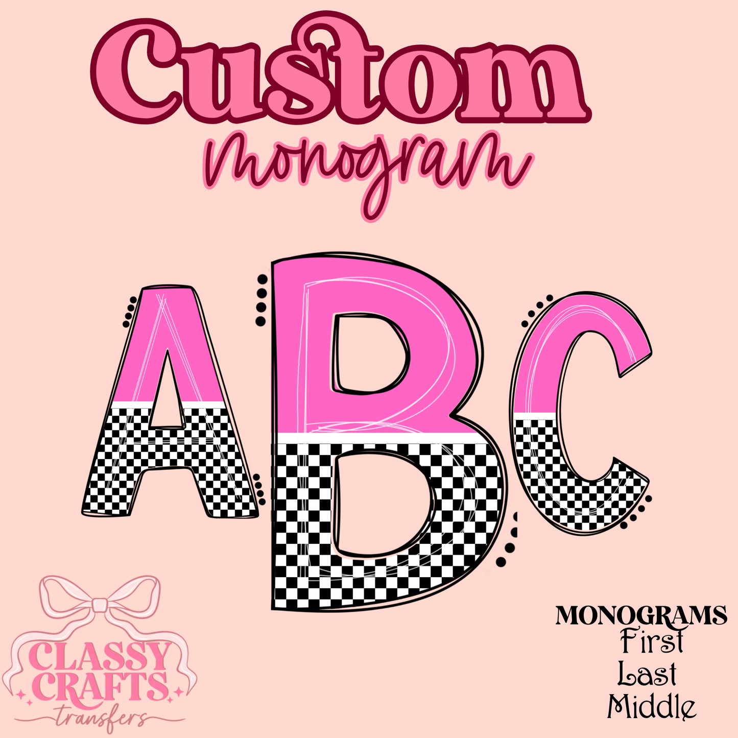 Pink & Black Checkered - Custom Monogram Transfer