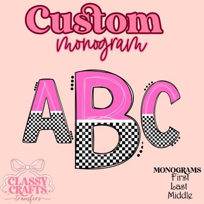 Pink & Black Checkered - Custom Monogram Transfer