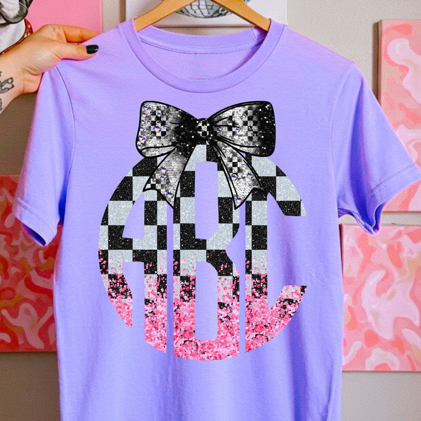White & Pink Checkered Racing - Custom Monogram Transfer