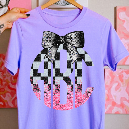 White & Pink Checkered Racing - Custom Monogram Transfer
