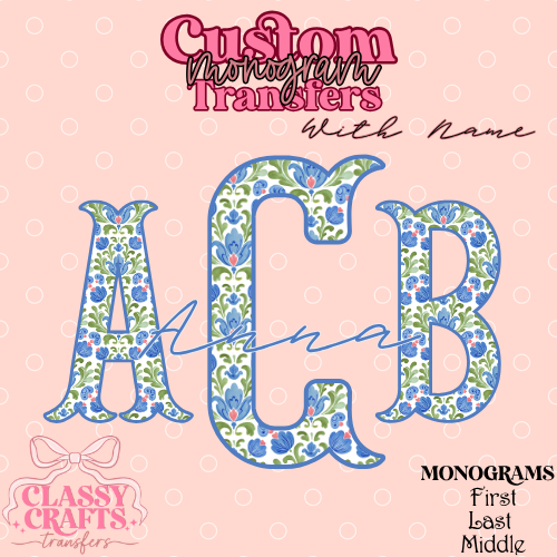 Green & Blue Folk Floral - Custom Monogram Transfer