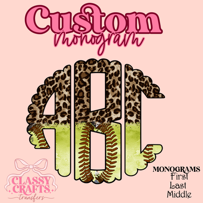 Softball Leopard - Custom Monogram Transfer