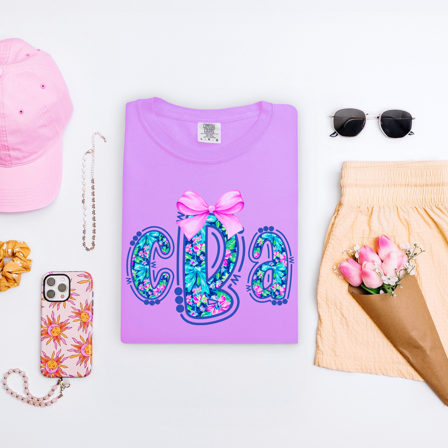 Pink & Blue Preppy Floral - Custom Monogram Transfer