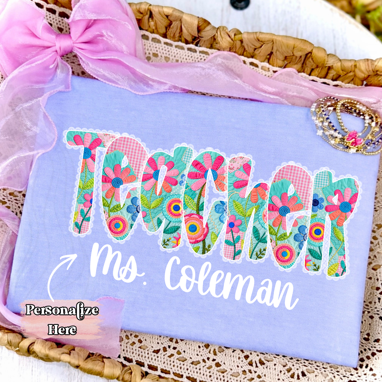 Floral Lace Teacher -  ‼️Fully Customizable Transfer‼️