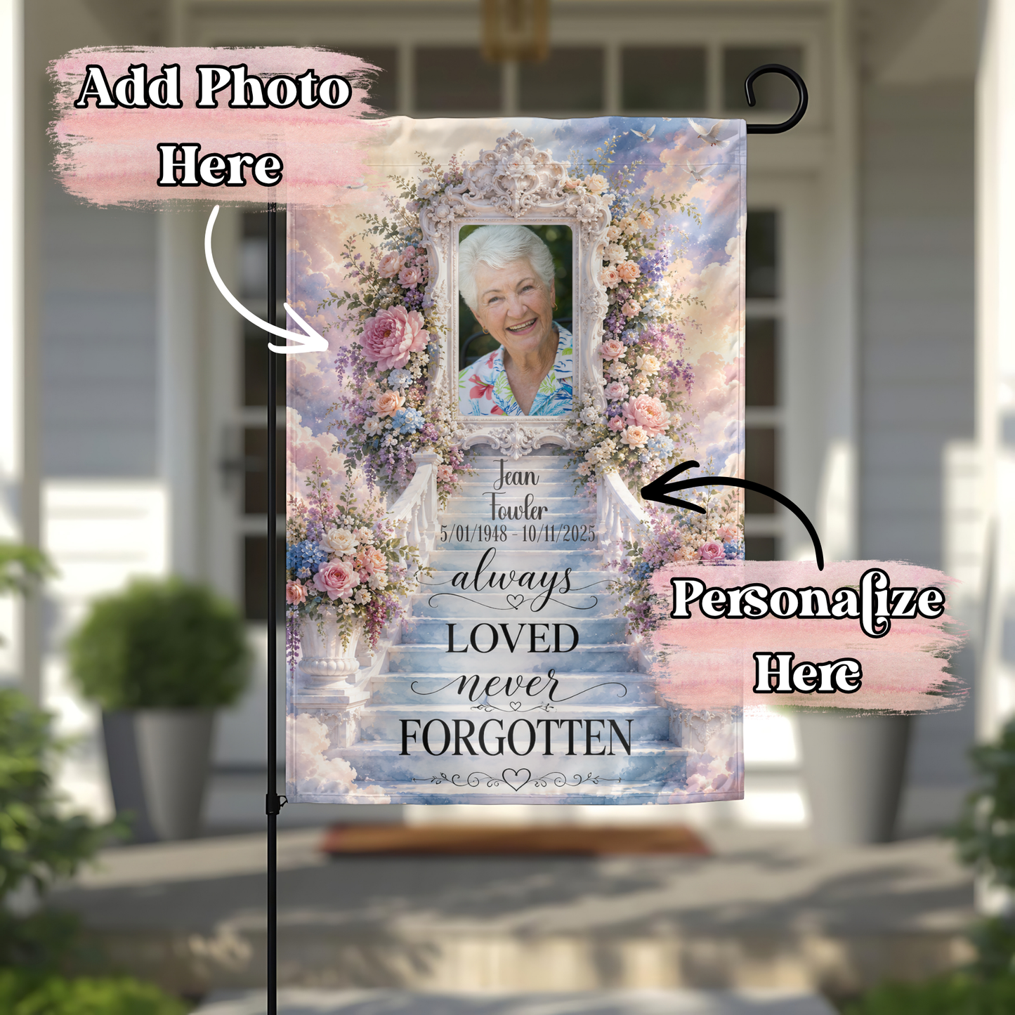 Floral Stairway To Heaven Memorial Flag - 12x18 Inches - ‼️Fully Customizable Transfer‼️