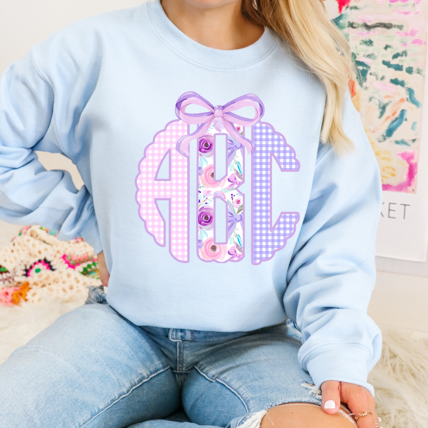 Purple & Pink Floral Coquette Bow - Custom Monogram Transfer