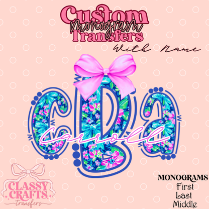 Pink & Blue Preppy Floral - Custom Monogram Transfer