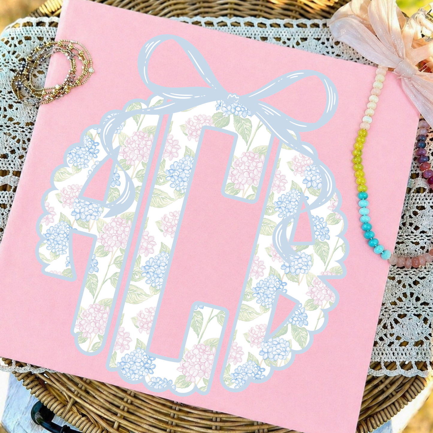 Pink & Blue Hydrangea - Custom Monogram Transfer