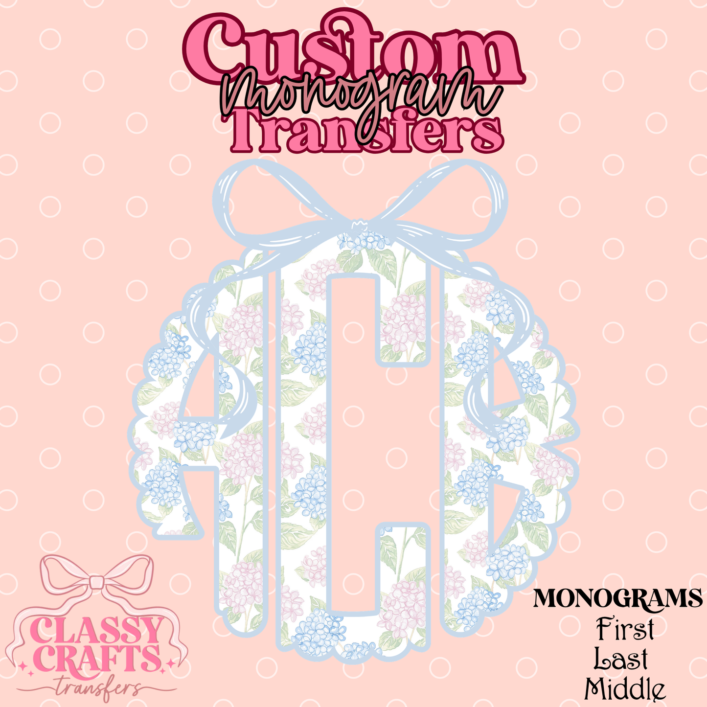 Pink & Blue Hydrangea - Custom Monogram Transfer