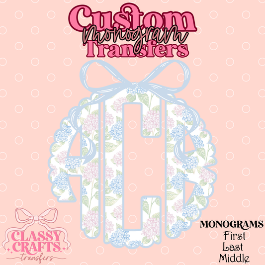 Pink & Blue Hydrangea - Custom Monogram Transfer