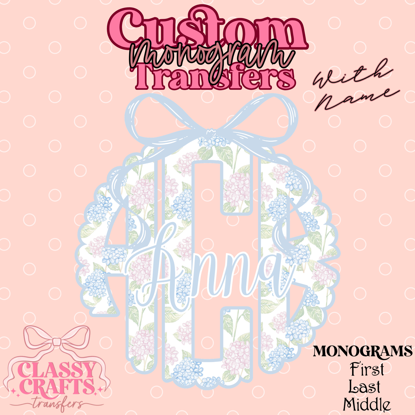 Pink & Blue Hydrangea - Custom Monogram Transfer