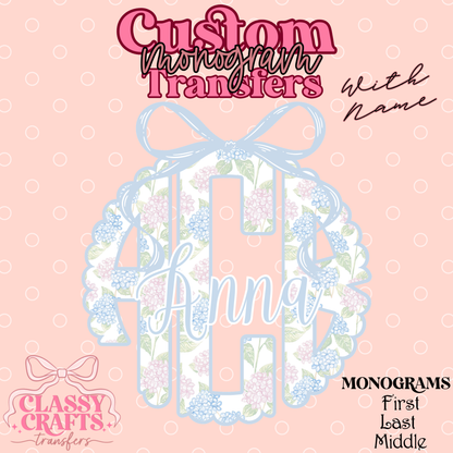 Pink & Blue Hydrangea - Custom Monogram Transfer