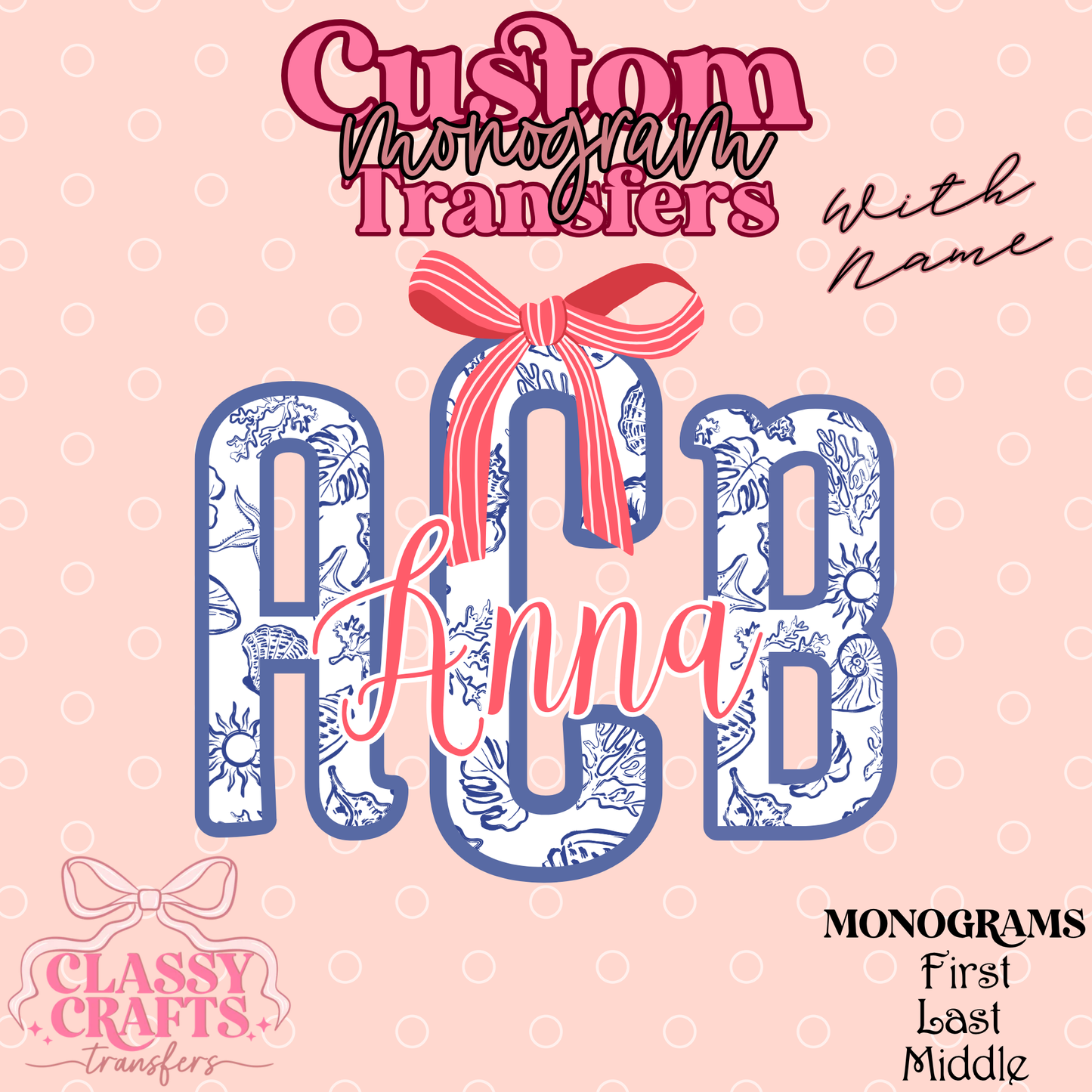 Blue & Coral Shell - Custom Monogram Transfer