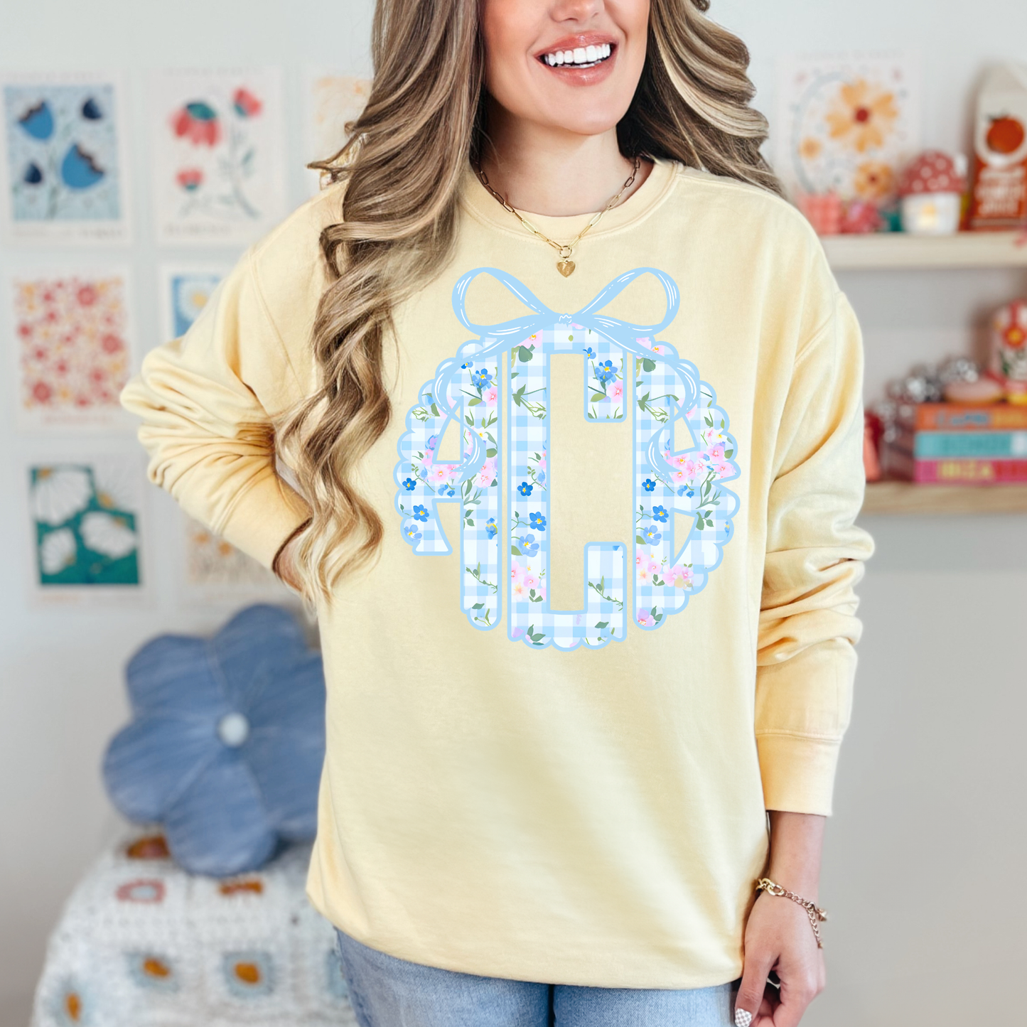 Pink & Blue Floral Gingham - Custom Monogram Transfer