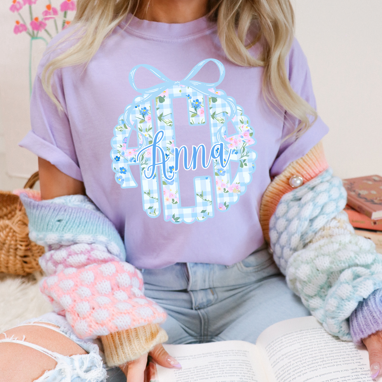 Pink & Blue Floral Gingham - Custom Monogram Transfer