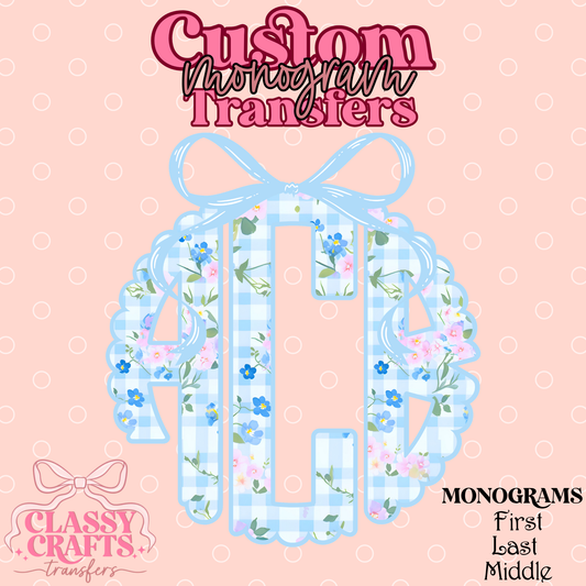 Pink & Blue Floral Gingham - Custom Monogram Transfer