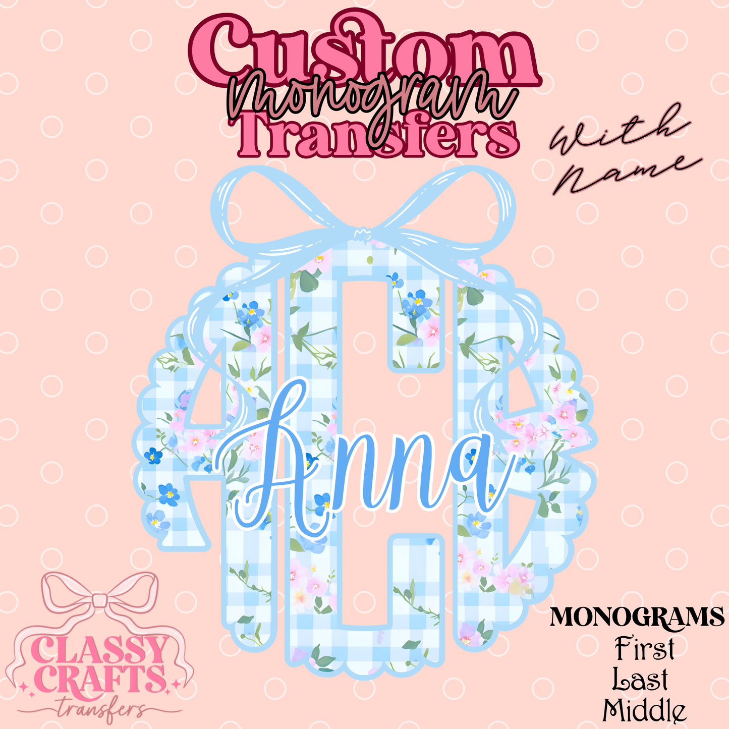Pink & Blue Floral Gingham - Custom Monogram Transfer