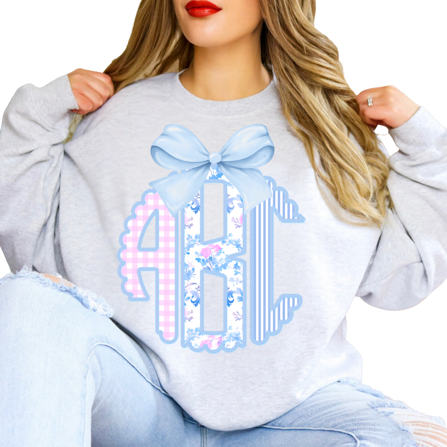 Pink & Blue Stripe Floral Coquette Bow - Custom Monogram Transfer