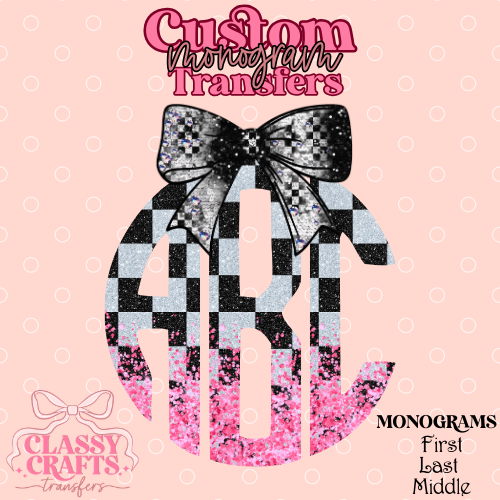 White & Pink Checkered Racing - Custom Monogram Transfer