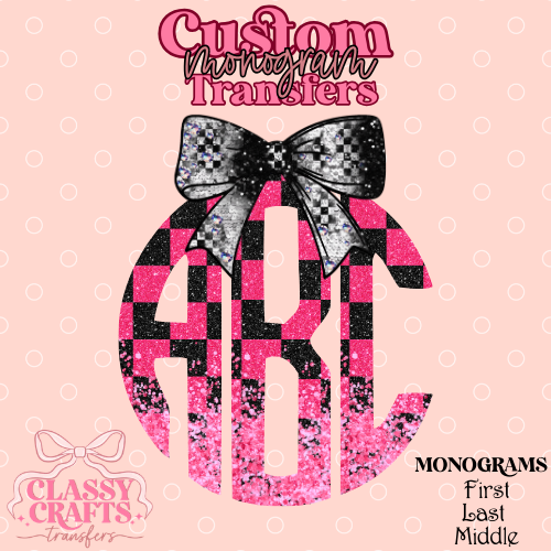 Pink & Black Checkered Racing - Custom Monogram Transfer