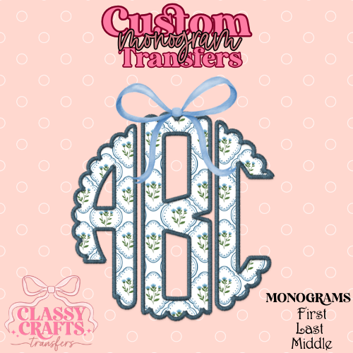 Preppy Blue & Green Floral - Custom Monogram Transfer