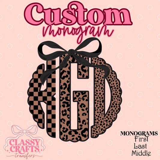 Brown Lepoard Coquette Bow- Custom Monogram Transfer