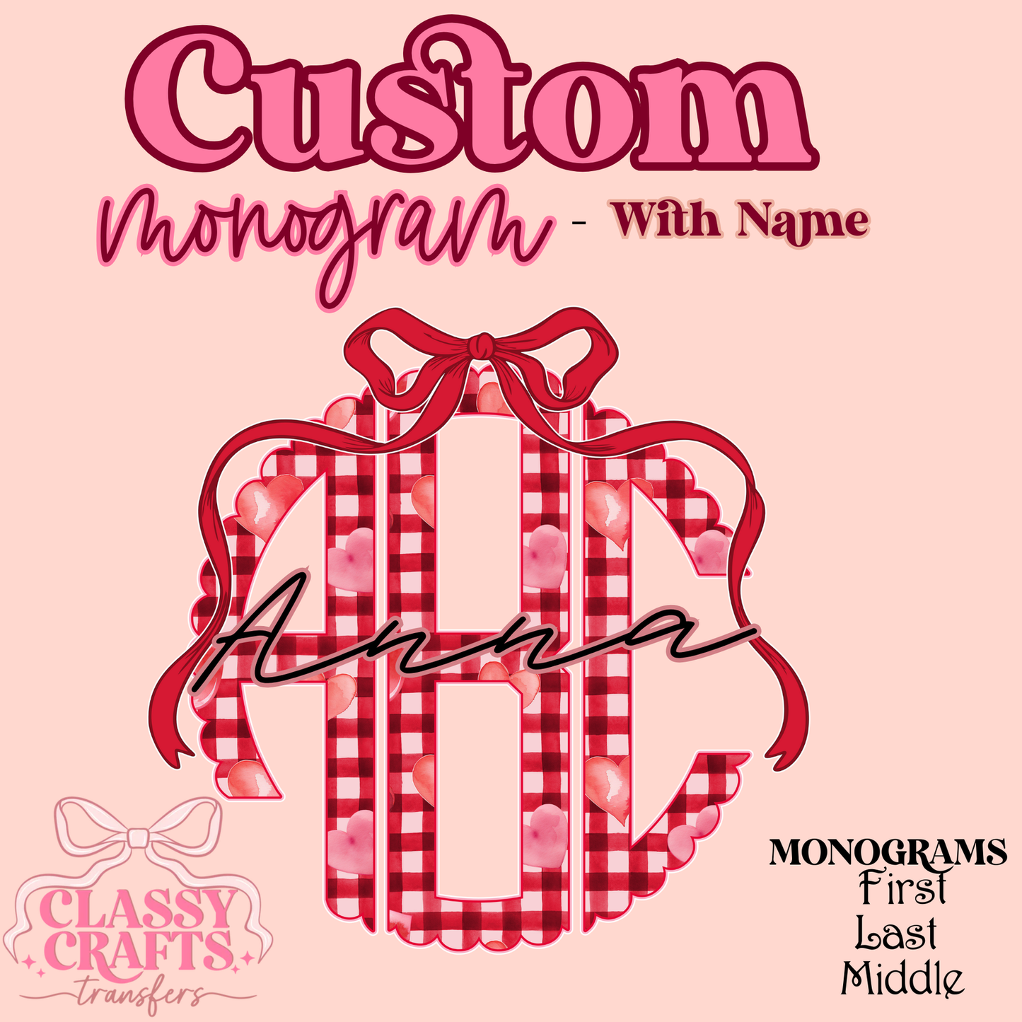 Checkered Heart Scolloped- Custom Monogram Transfer