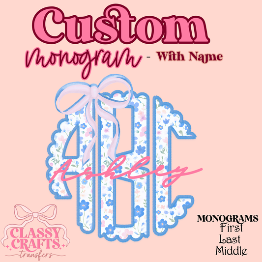 Blue & Pink Floral Coquette Bow - Custom Monogram Transfer