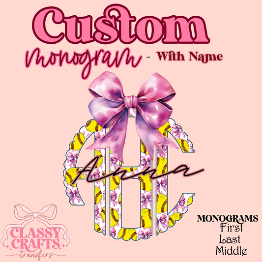 Softball Bow Scalloped- Custom Monogram Transfer