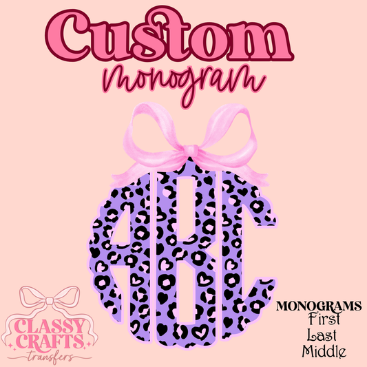 Purple Cheetah Scalloped  Bow - Custom Monogram Transfer