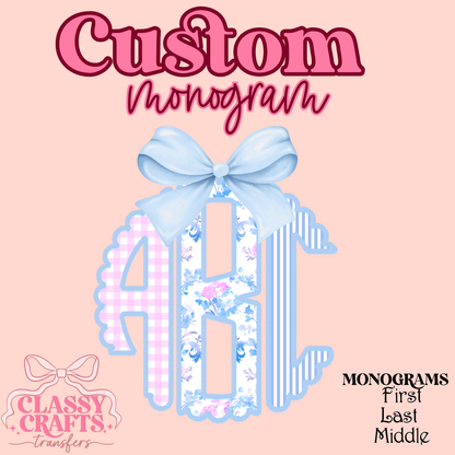 Pink & Blue Stripe Floral Coquette Bow - Custom Monogram Transfer