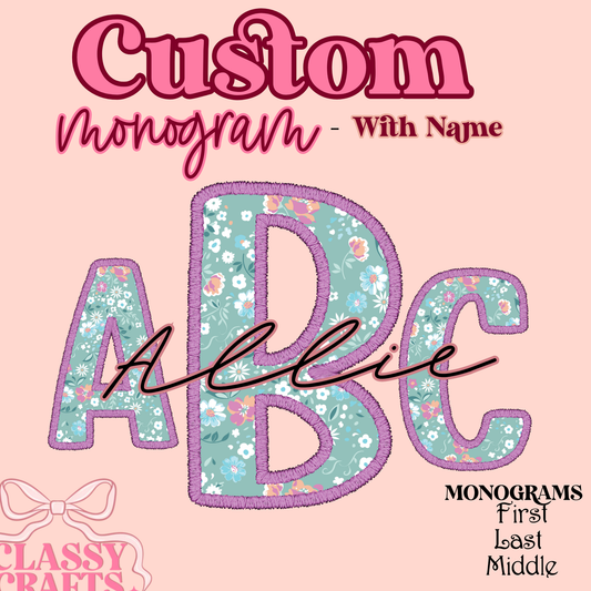 Teal With Pink Flowers  - Custom Monogram Transfer