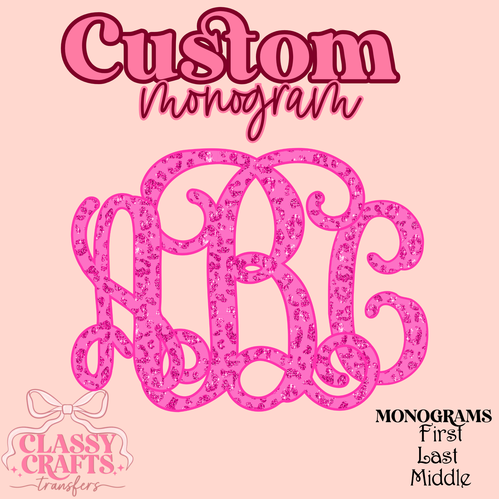 Pink Cheetah Vines Glitter - Custom Monogram Transfer