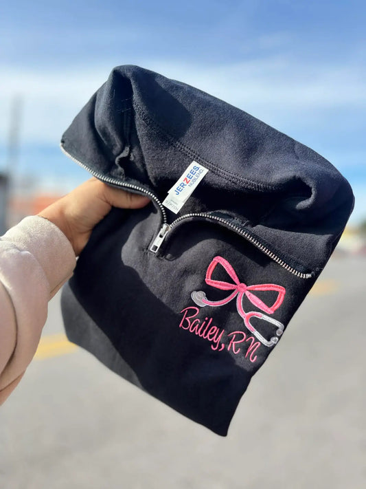 Pink Bow Stethoscope Quarter Zip - Black